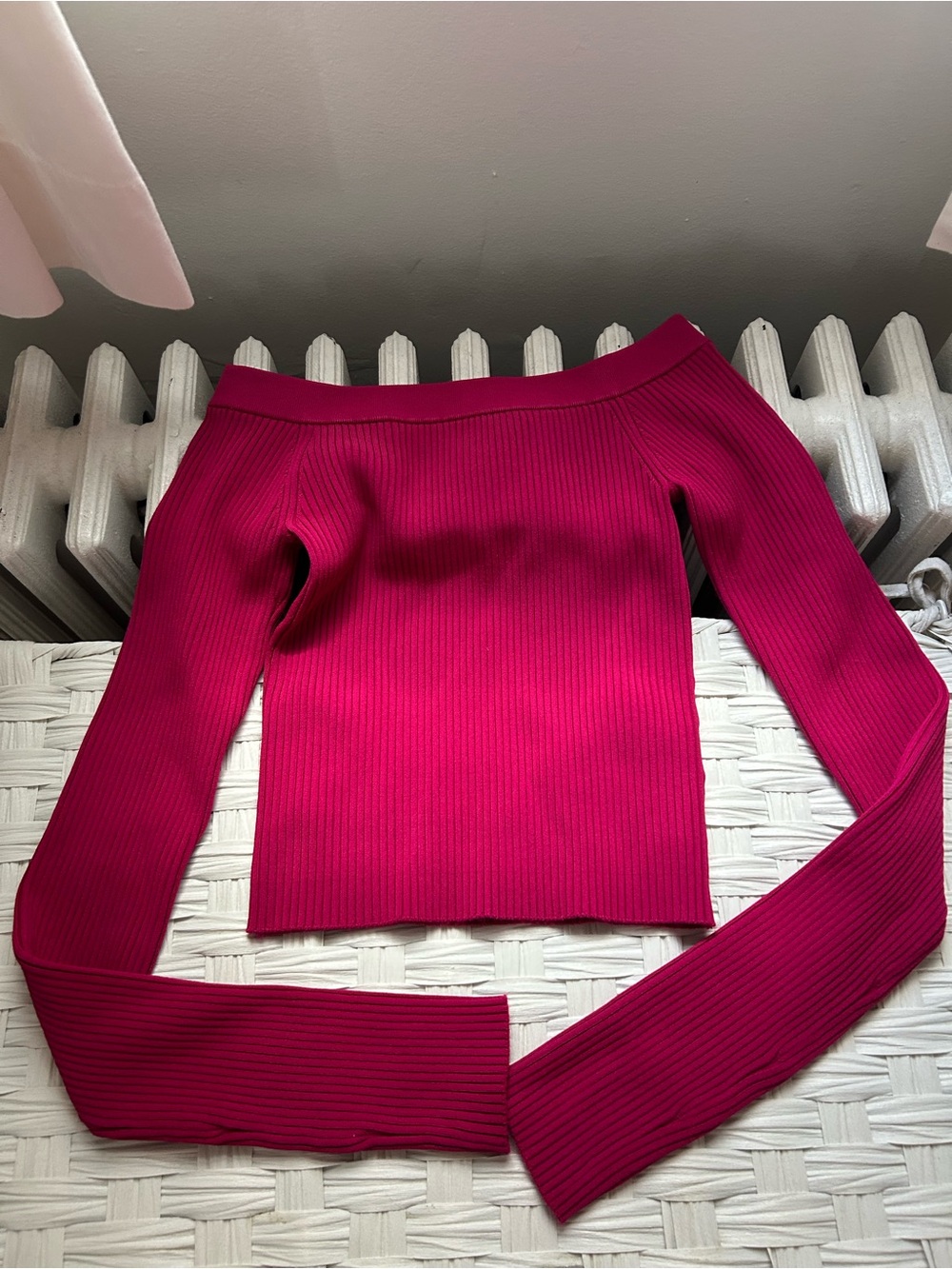 Alice + Olivia Off-the-Shoulder Ribbed Sweater in Fuchsia